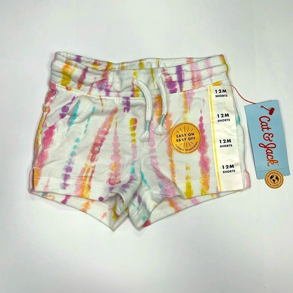 Cat & Jack Girls Cream Linear Tie Dye Flexible Drawstring Shorts Size 12 Months